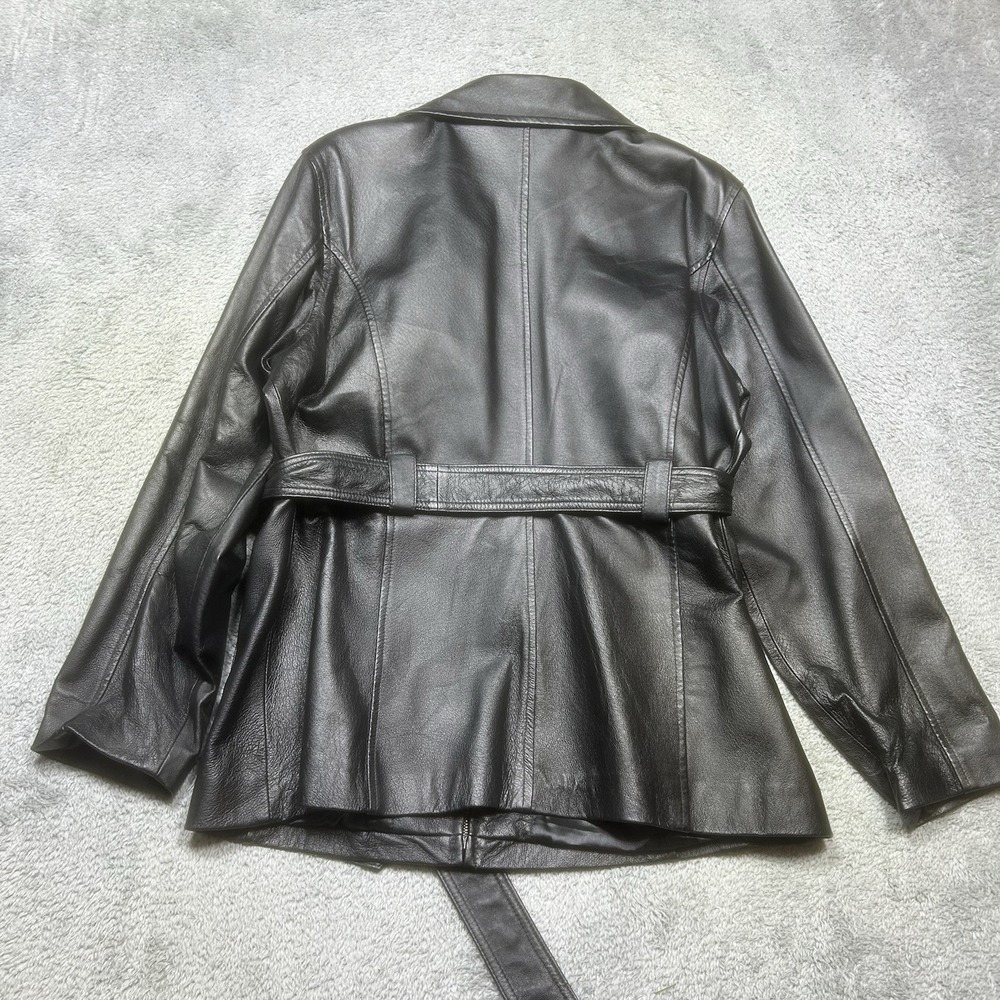 Vintage Passports Jacket Womens L Black Leather Biker Motorcycle Belted Mid Leng - Picture 2 of 11